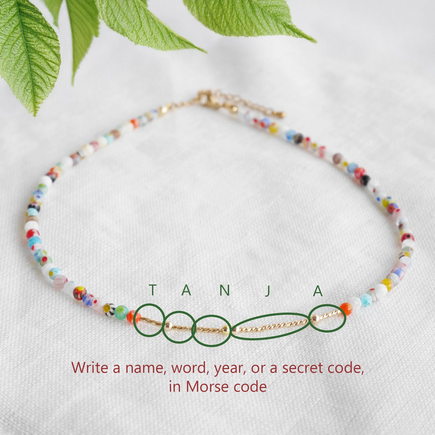 Morse code necklace - customizable name jewelry gift, dainty boho beaded millefiori choker