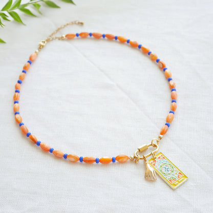 Orange blue charm necklace - choose your charms jewelry, mini carabiner front lock, custom handmade gift for her