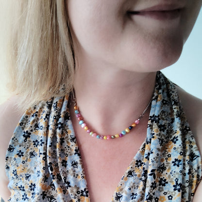 Freshwater pearl necklace - colorful pearls, gold steel chain, minimalist unisex