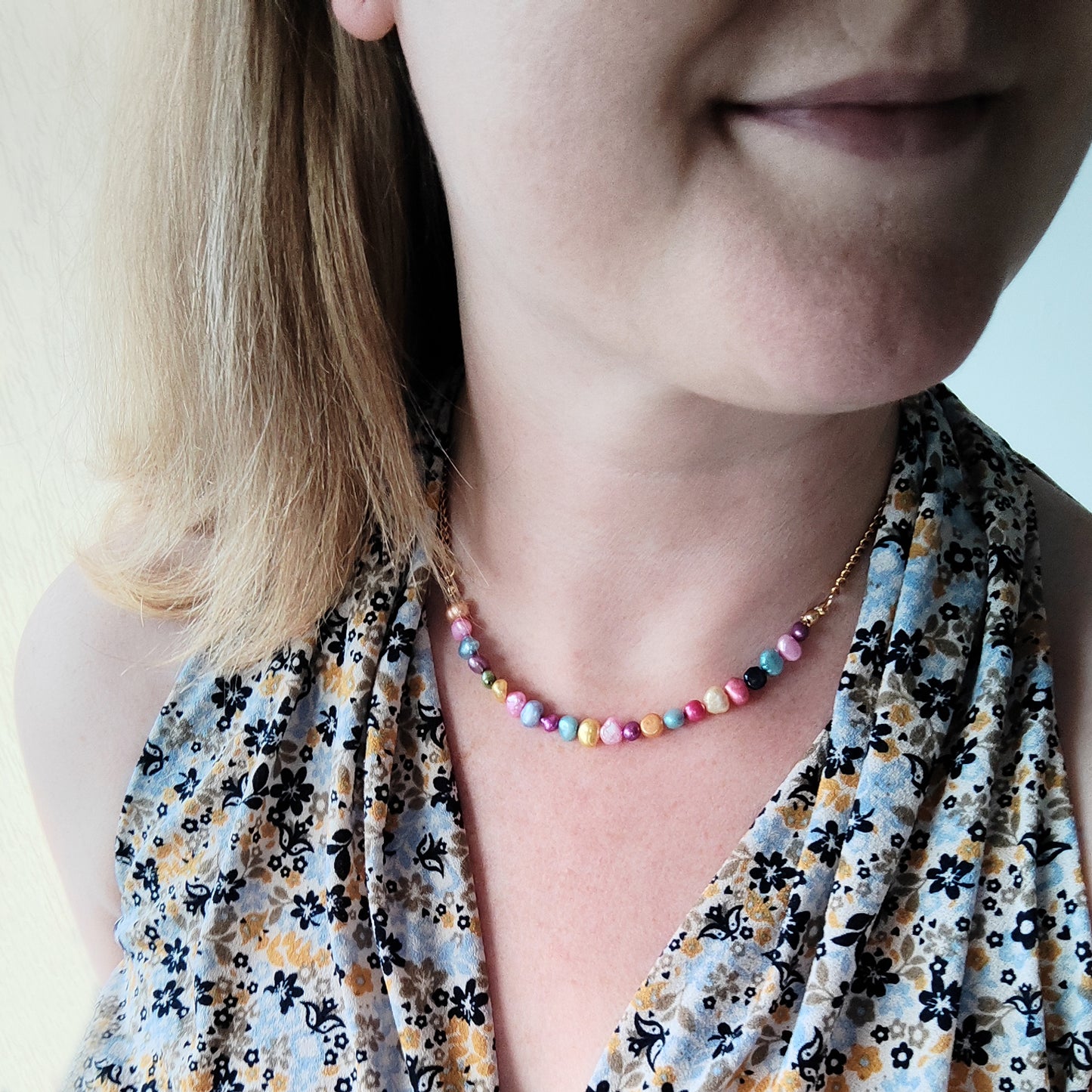 Freshwater pearl necklace - colorful pearls, gold steel chain, minimalist unisex