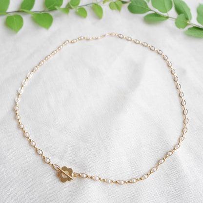 Gold pearl chain necklace - dainty flower toggle choker