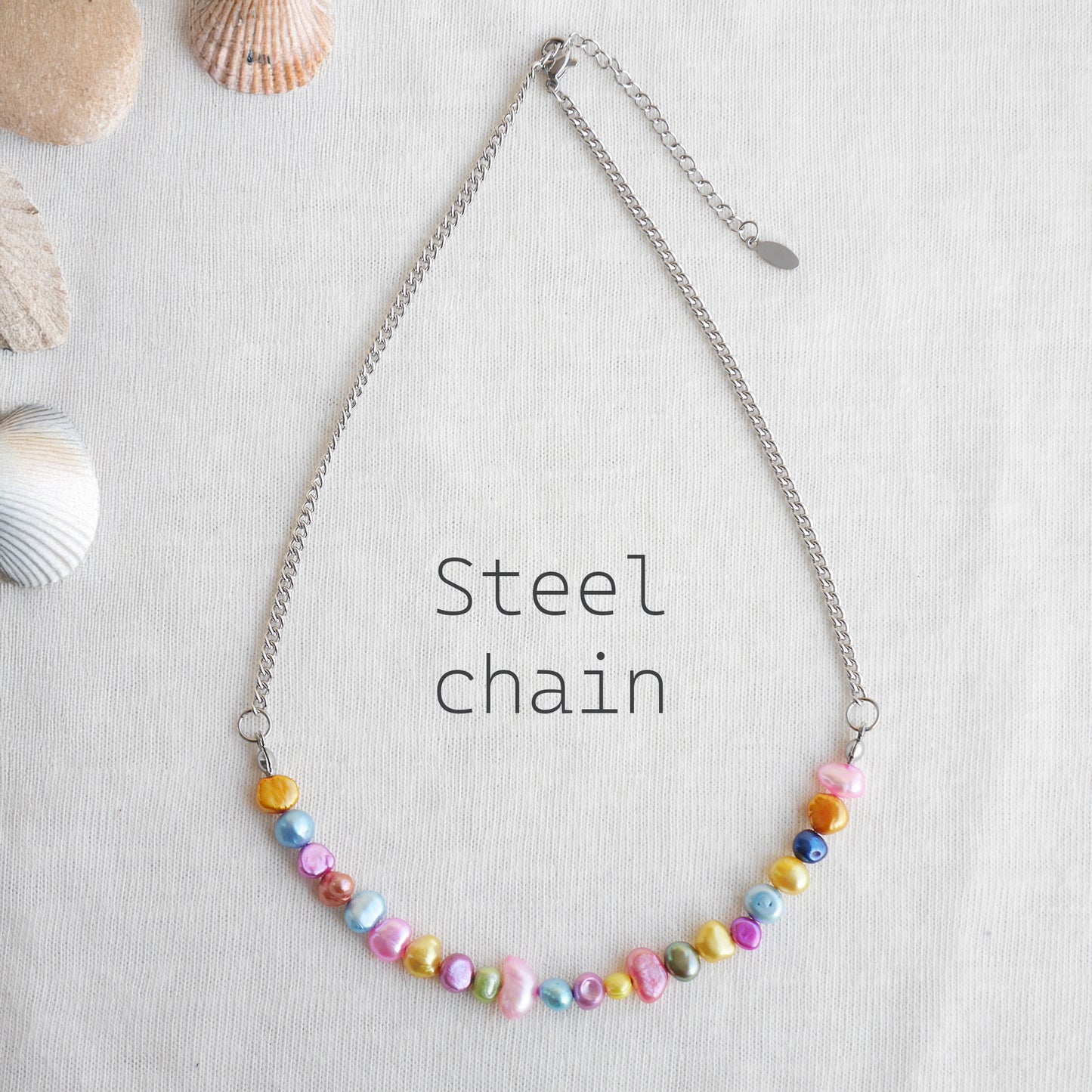 Freshwater pearl necklace - colorful pearls, gold steel chain, minimalist unisex