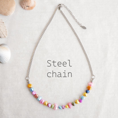 Freshwater pearl necklace - colorful pearls, gold steel chain, minimalist unisex