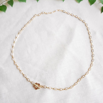Gold pearl chain necklace - dainty flower toggle choker
