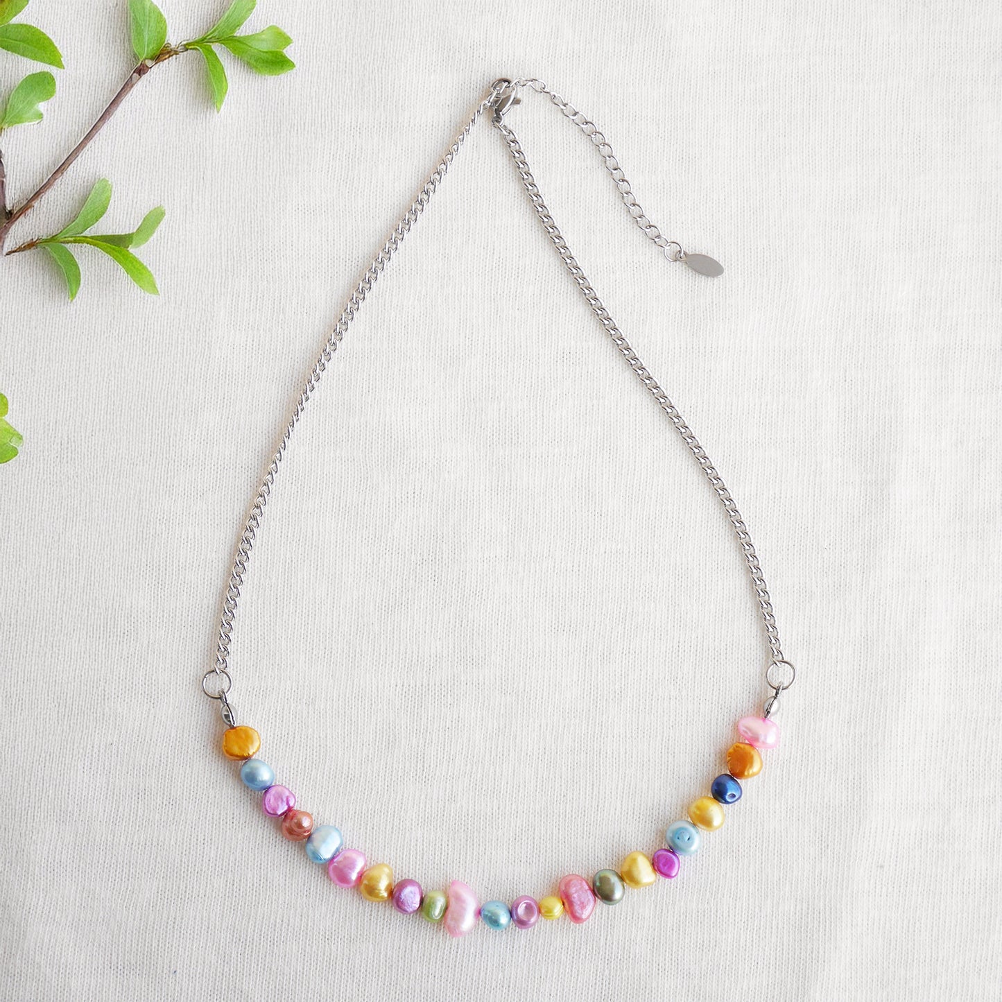 Freshwater pearl necklace - colorful pearls, gold steel chain, minimalist unisex