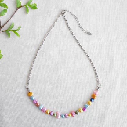 Freshwater pearl necklace - colorful pearls, gold steel chain, minimalist unisex