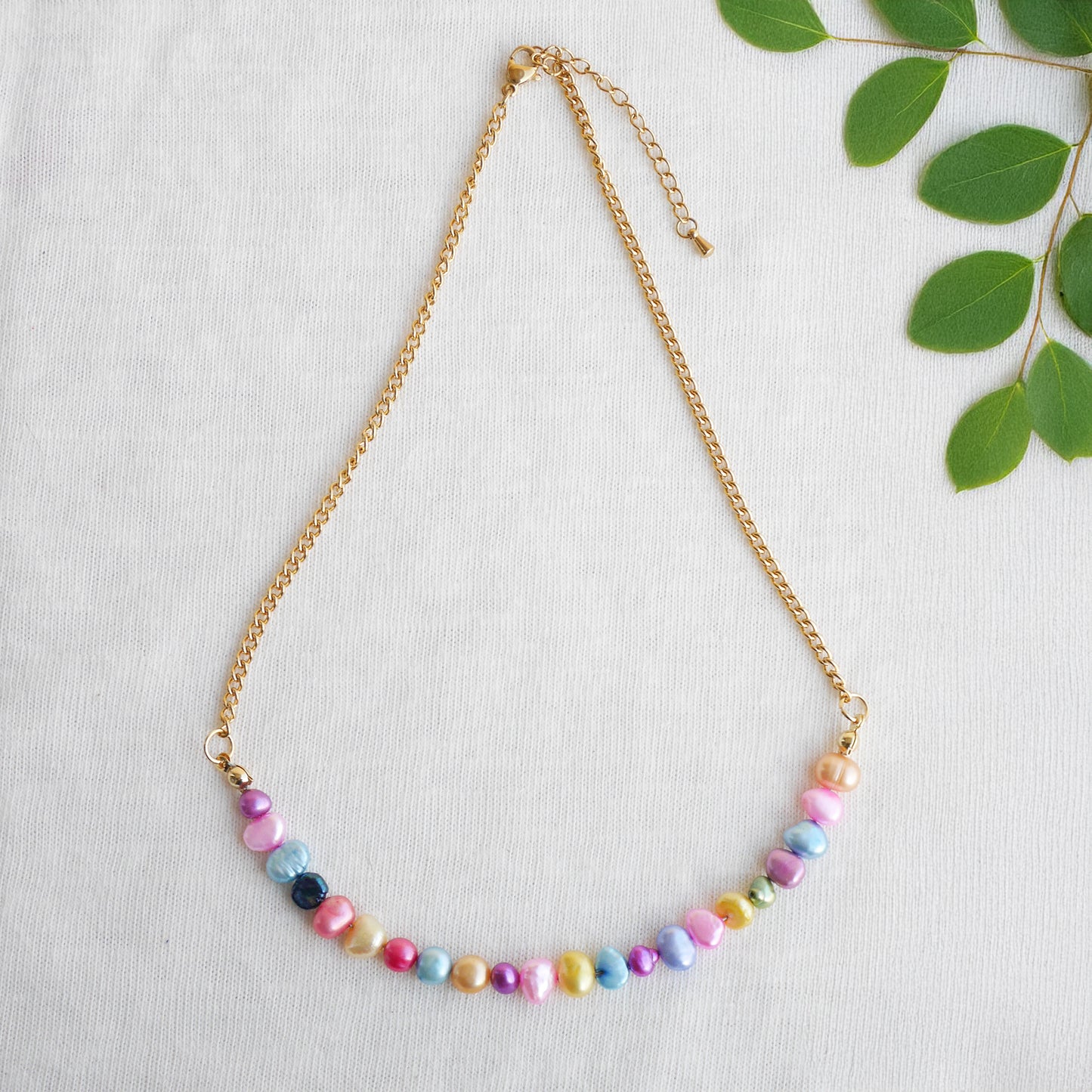 Freshwater pearl necklace - colorful pearls, gold steel chain, minimalist unisex