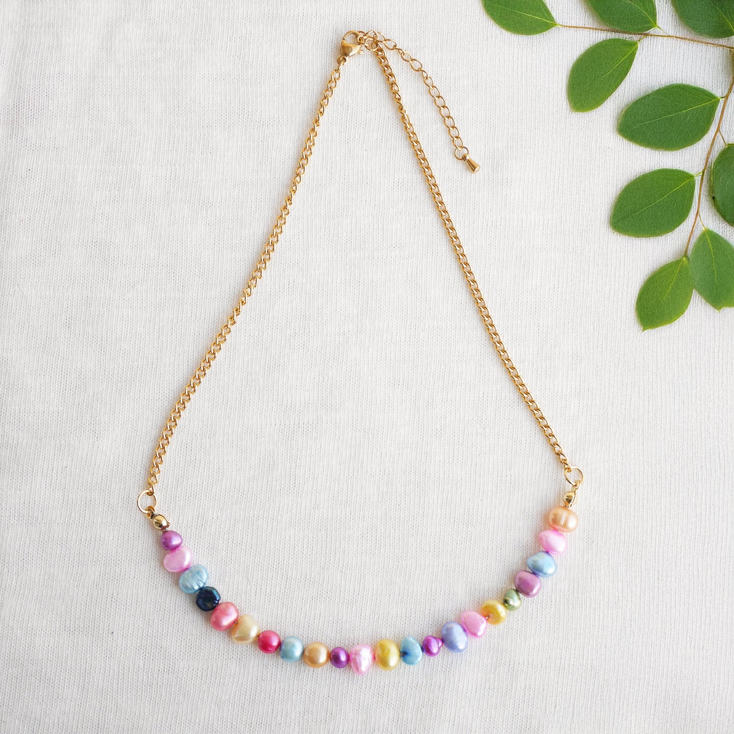 Freshwater pearl necklace - colorful pearls, gold steel chain, minimalist unisex