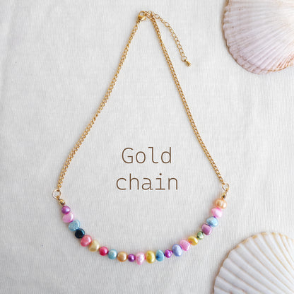 Freshwater pearl necklace - colorful pearls, gold steel chain, minimalist unisex