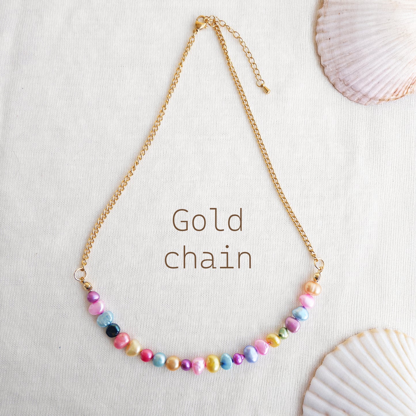 Freshwater pearl necklace - colorful pearls, gold steel chain, minimalist unisex