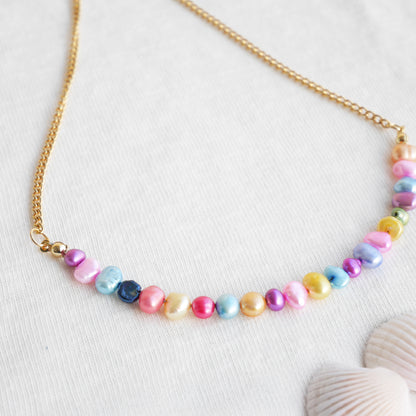 Freshwater pearl necklace - colorful pearls, gold steel chain, minimalist unisex