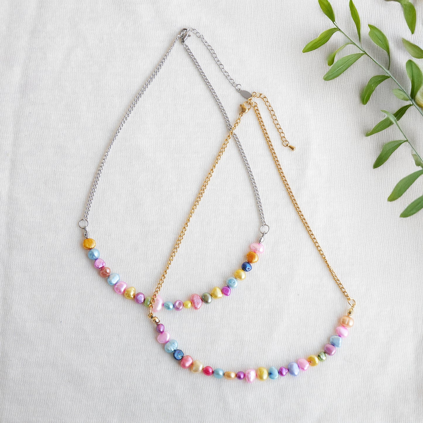 Freshwater pearl necklace - colorful pearls, gold steel chain, minimalist unisex