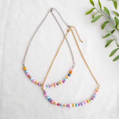 Freshwater pearl necklace - colorful pearls, gold steel chain, minimalist unisex