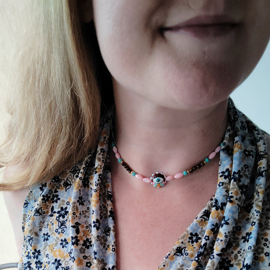 Evil eye necklace - retro colors jewelry gift for her, beaded boho style choker