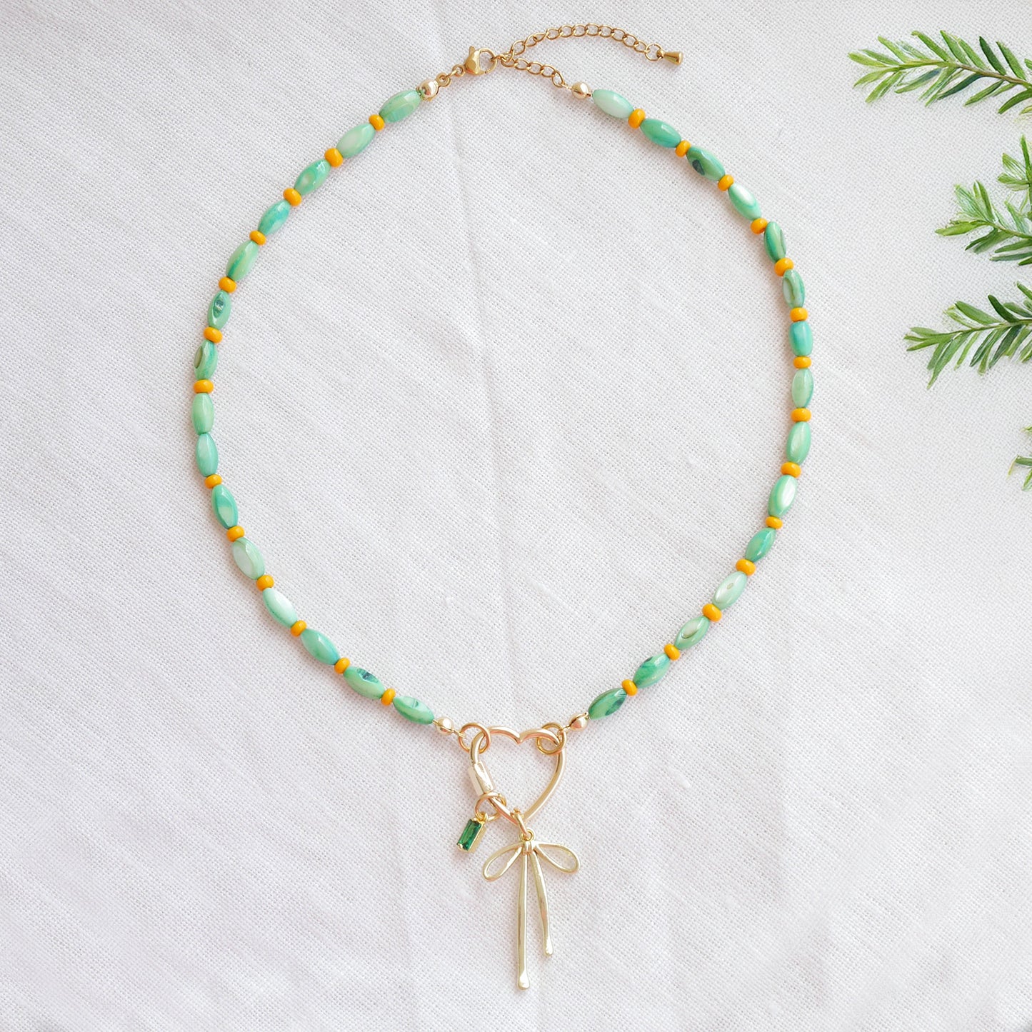 Green shell bead necklace - custom charm choker, heart carabiner front lock, personalized gift for her