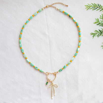 Green shell bead necklace - custom charm choker, heart carabiner front lock, personalized gift for her