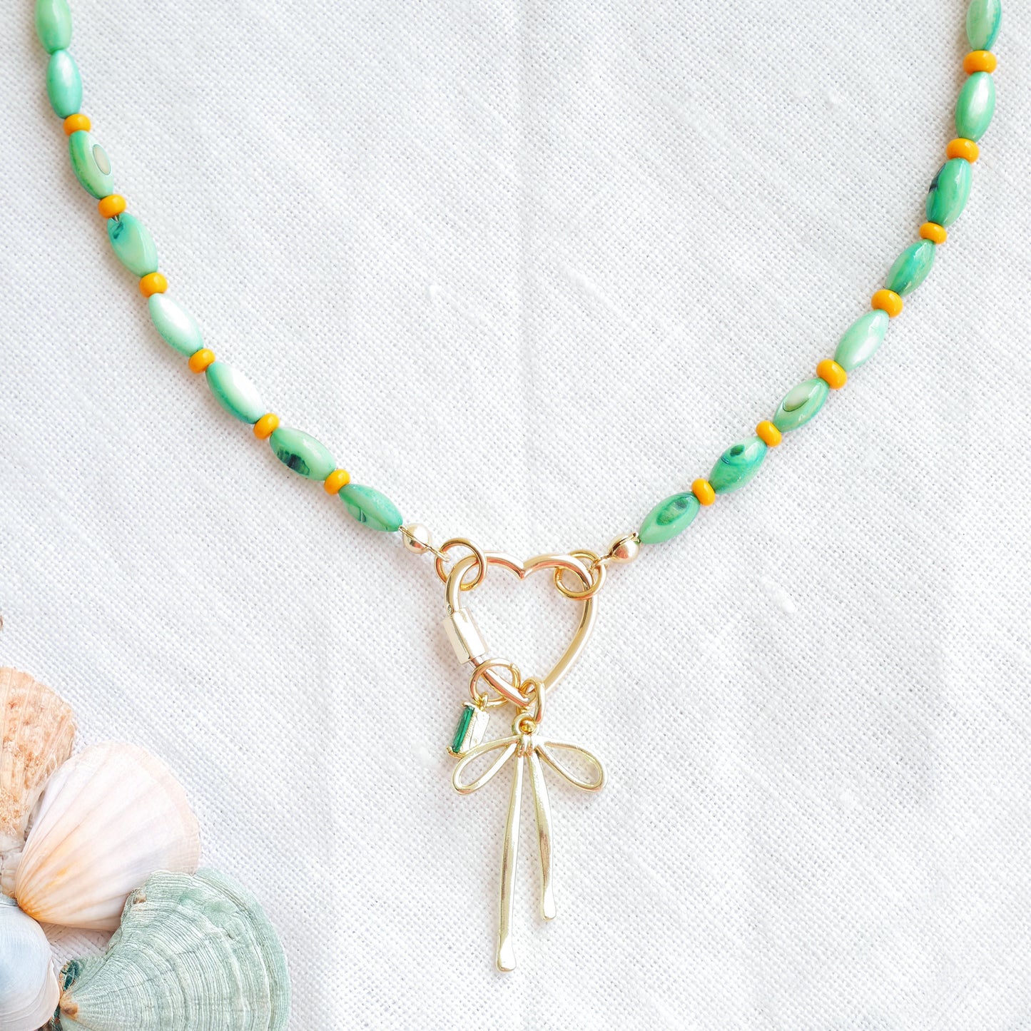 Green shell bead necklace - custom charm choker, heart carabiner front lock, personalized gift for her