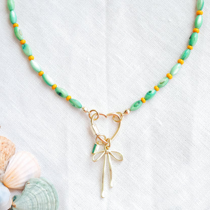 Green shell bead necklace - custom charm choker, heart carabiner front lock, personalized gift for her
