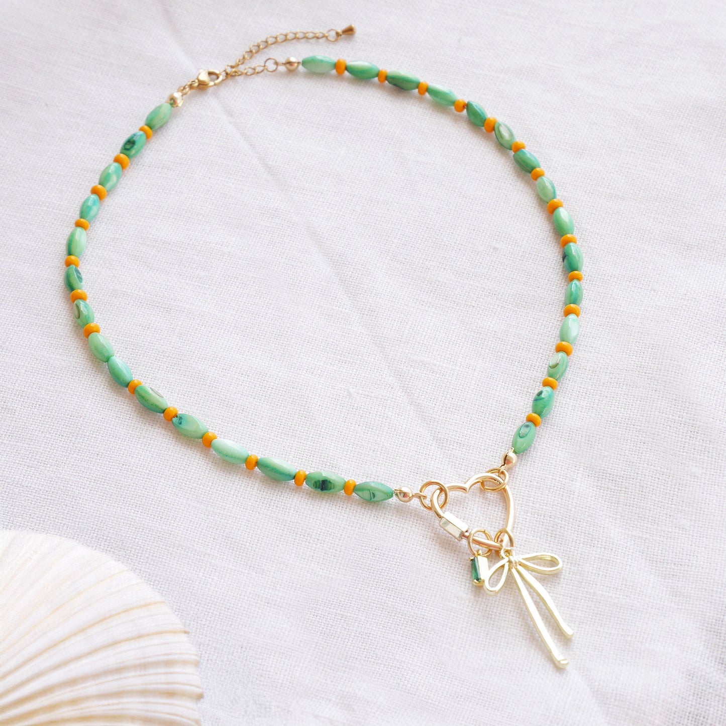 Green shell bead necklace - custom charm choker, heart carabiner front lock, personalized gift for her