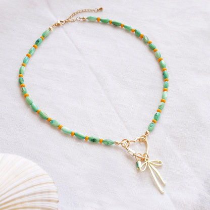 Green shell bead necklace - custom charm choker, heart carabiner front lock, personalized gift for her