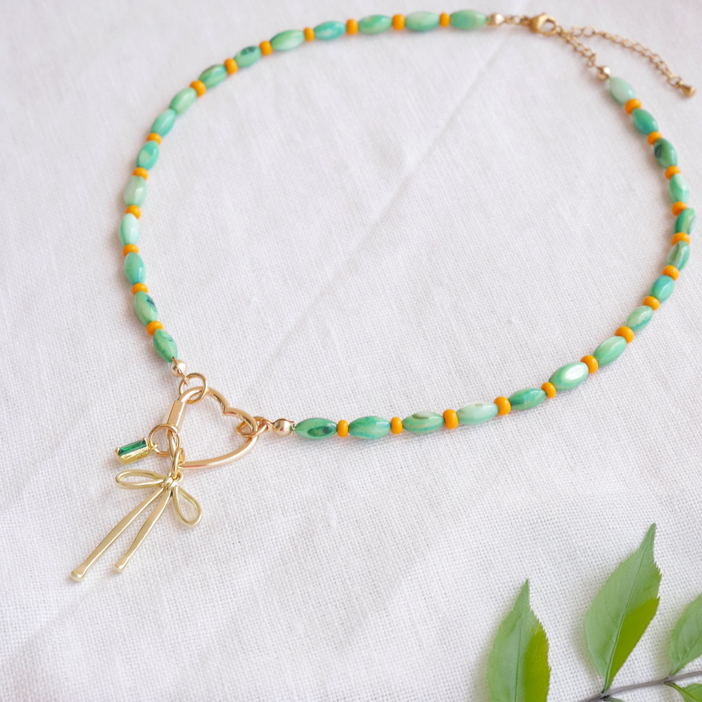 Green shell bead necklace - custom charm choker, heart carabiner front lock, personalized gift for her