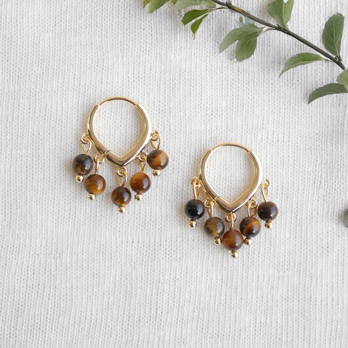 Tiger eye earrings - dainty brown stone hoops, 14k gold-plated, boho style