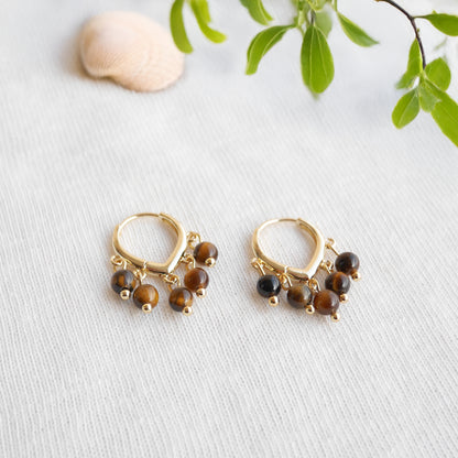 Tiger eye earrings - dainty brown stone hoops, 14k gold-plated, boho style
