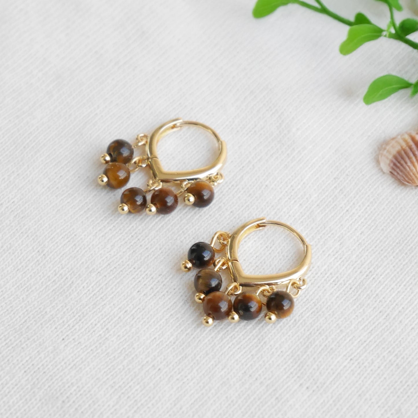 Tiger eye earrings - dainty brown stone hoops, 14k gold-plated, boho style