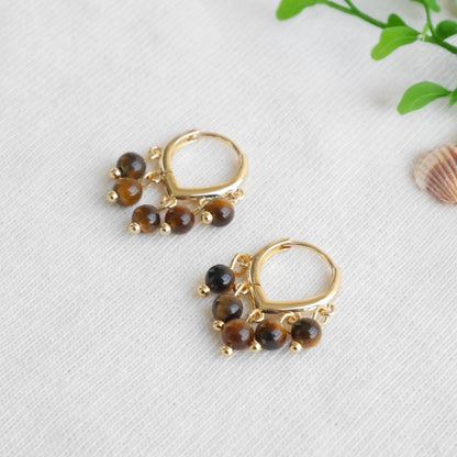 Tiger eye earrings - dainty brown stone hoops, 14k gold-plated, boho style