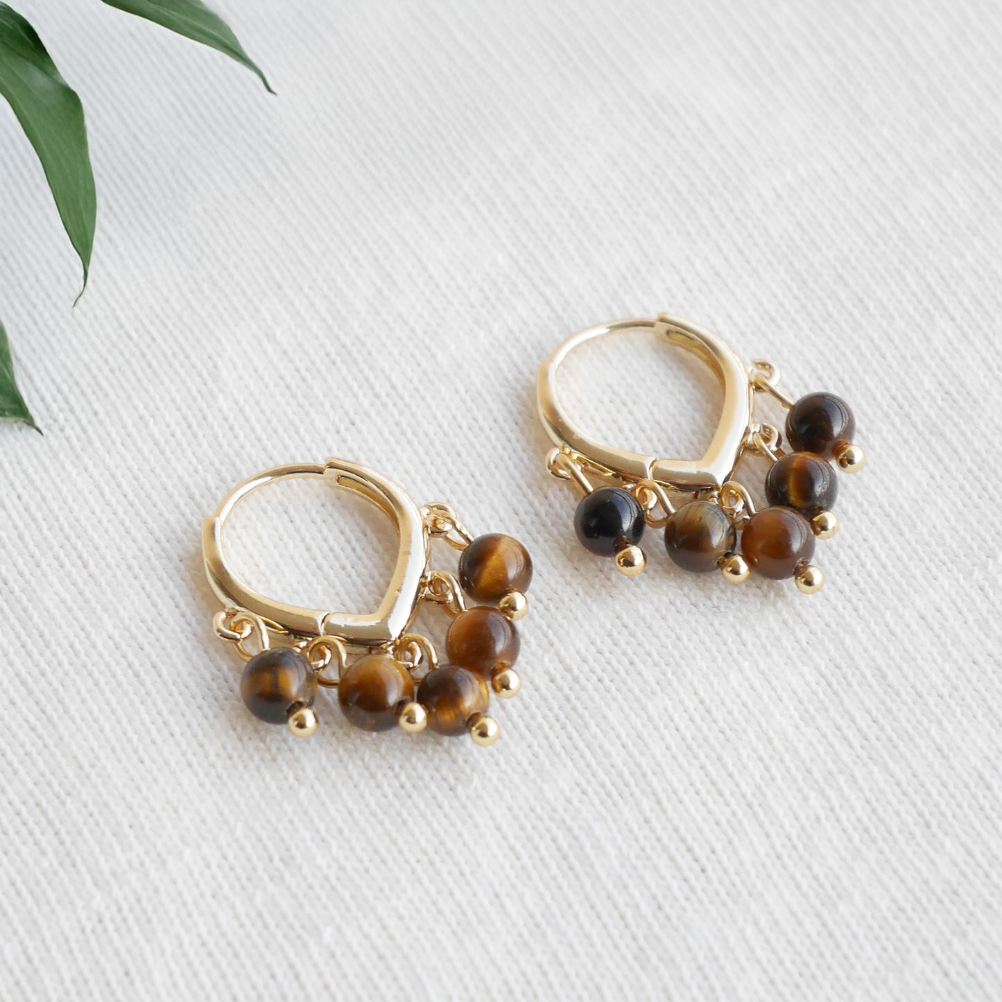 Tiger eye earrings - dainty brown stone hoops, 14k gold-plated, boho style