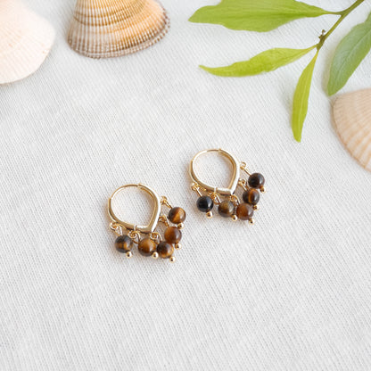 Tiger eye earrings - dainty brown stone hoops, 14k gold-plated, boho style