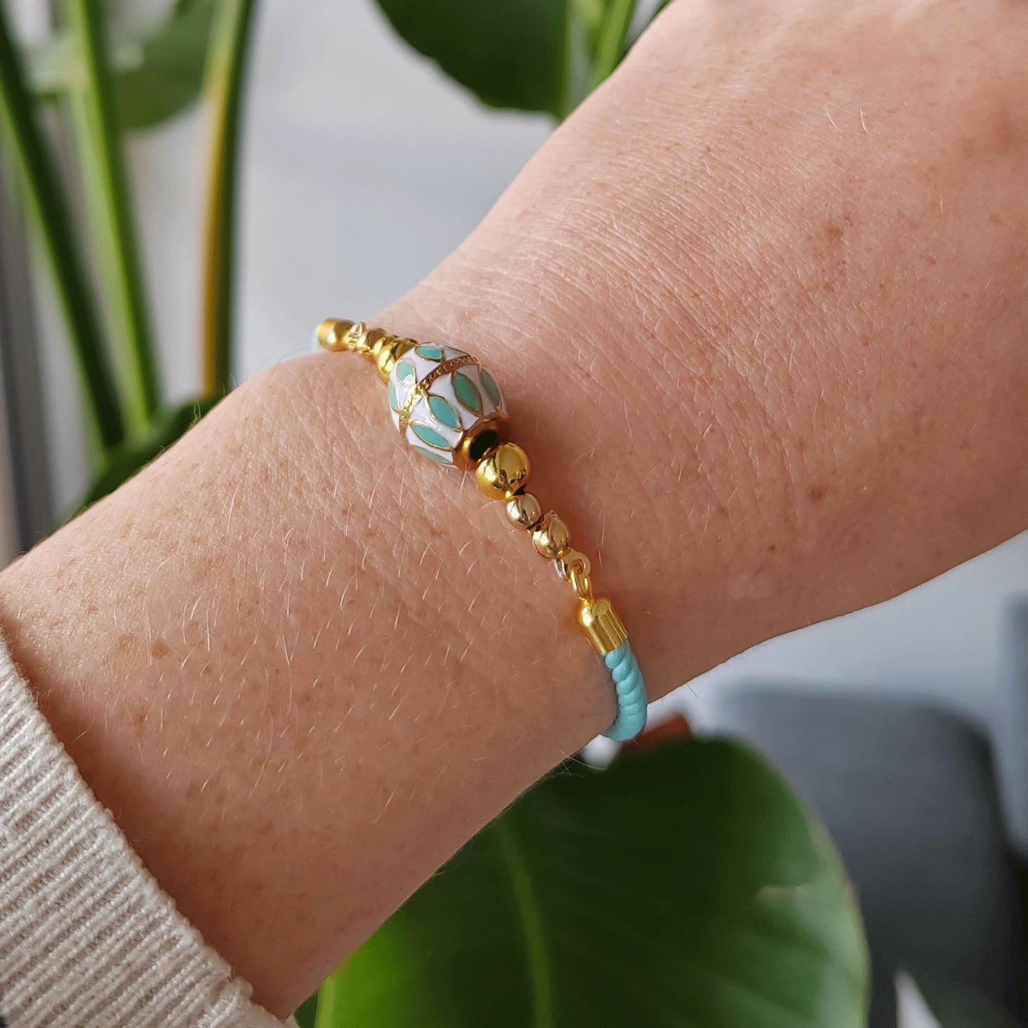 Turquoise gold bracelet - boho summer jewelry gift for her, adjustable cord