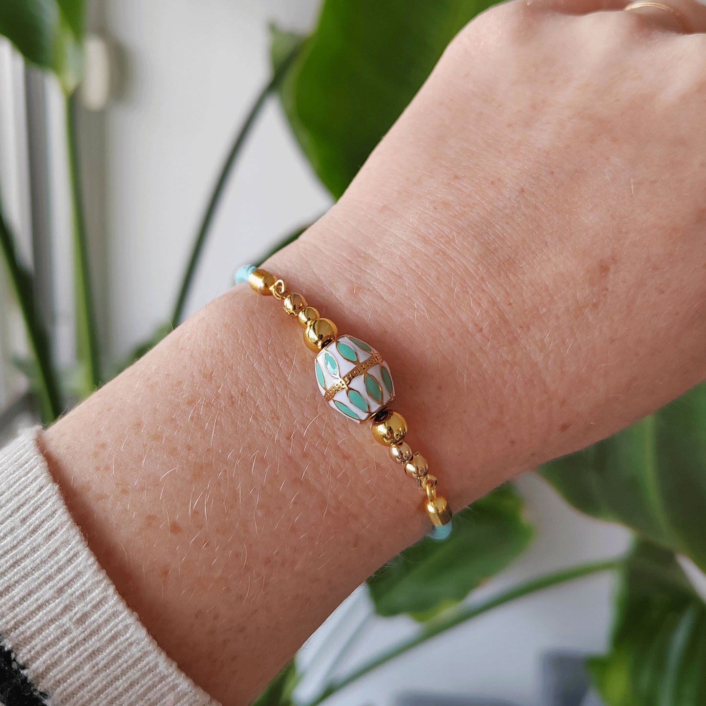 Turquoise gold bracelet - boho summer jewelry gift for her, adjustable cord