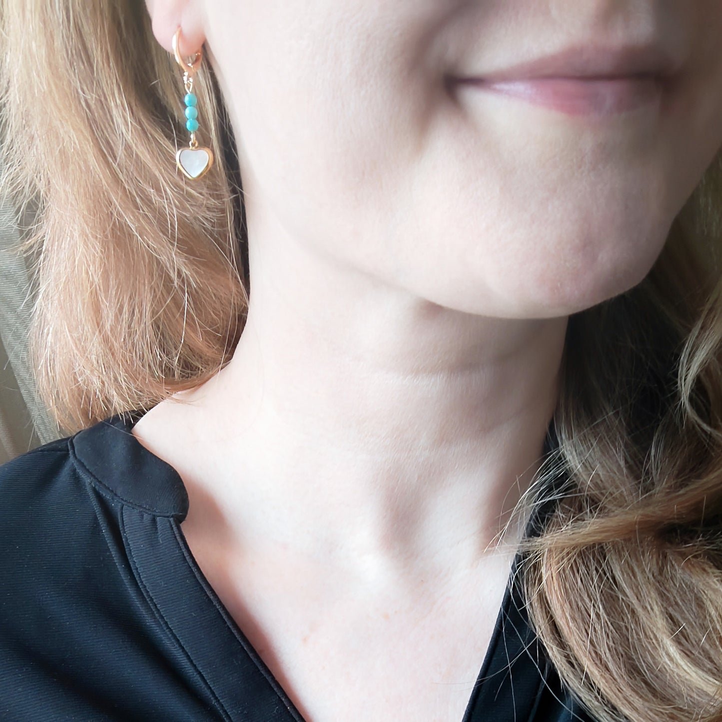 Heart earrings - turquoise drop dangles, gold-plated jewelry gift for girlfriend