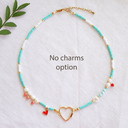 Turquoise initial charm necklace - seed bead choker, pick your charms customized gift for her, red accents freshwater pearl jewelry