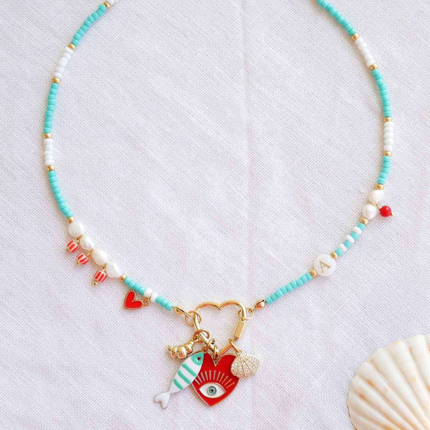 Turquoise initial charm necklace - seed bead choker, pick your charms customized gift for her, red accents freshwater pearl jewelry