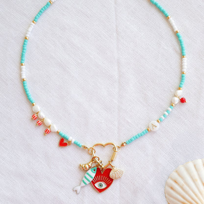 Turquoise initial charm necklace - seed bead choker, pick your charms customized gift for her, red accents freshwater pearl jewelry