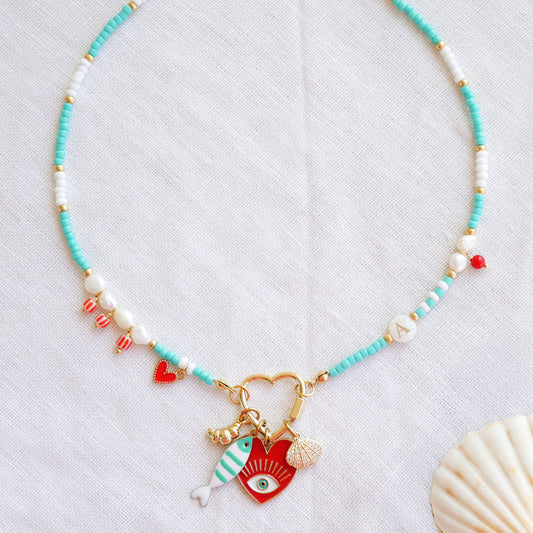 Turquoise initial charm necklace - seed bead choker, pick your charms customized gift for her, red accents freshwater pearl jewelry