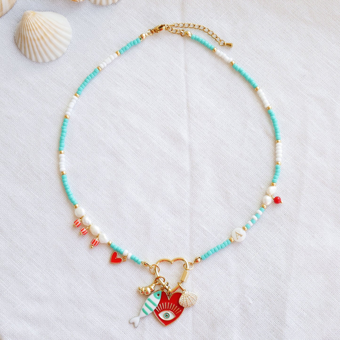 Turquoise initial charm necklace - seed bead choker, pick your charms customized gift for her, red accents freshwater pearl jewelry