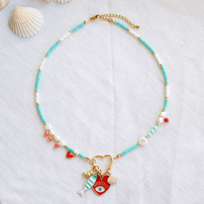 Turquoise initial charm necklace - seed bead choker, pick your charms customized gift for her, red accents freshwater pearl jewelry