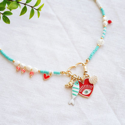 Turquoise initial charm necklace - seed bead choker, pick your charms customized gift for her, red accents freshwater pearl jewelry