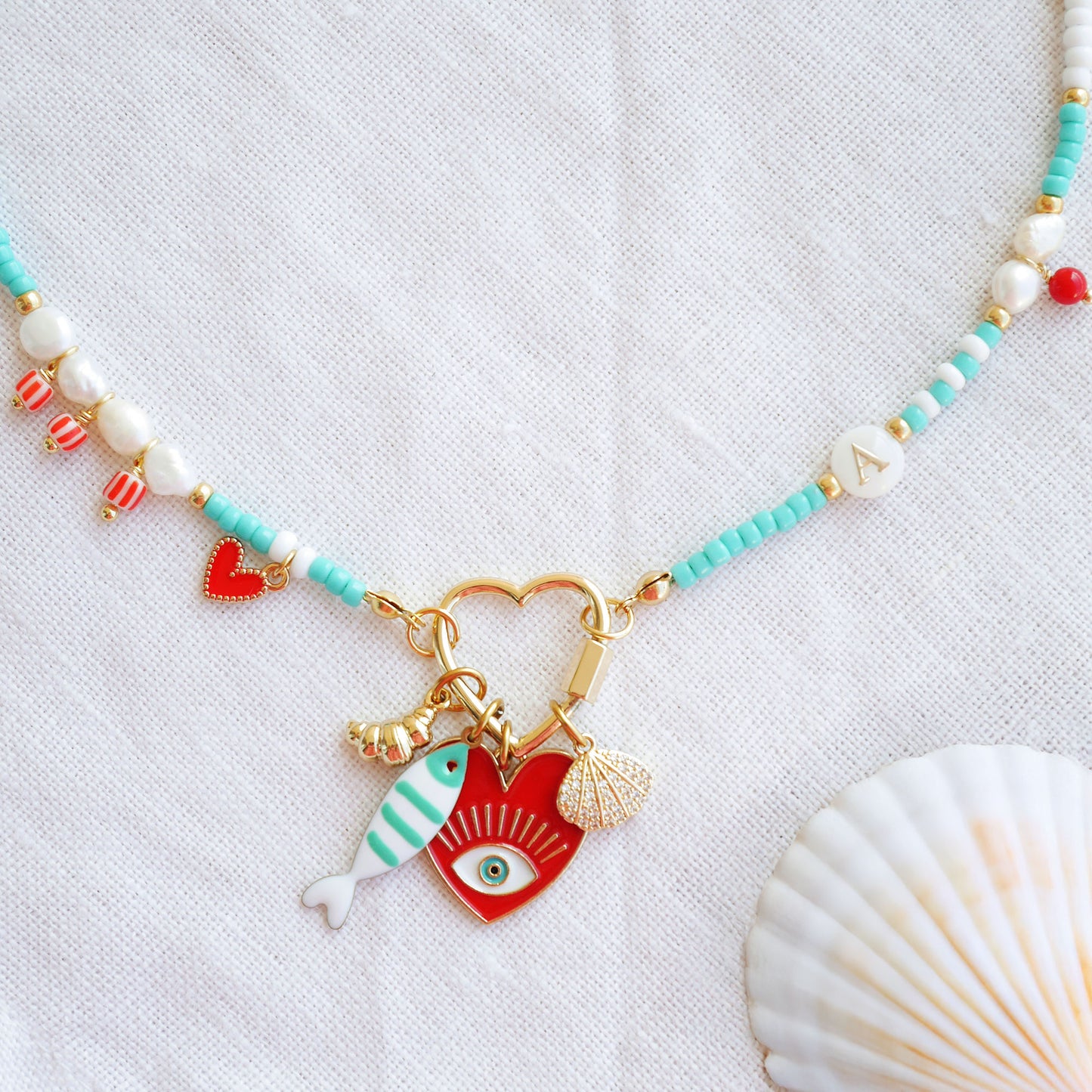 Turquoise initial charm necklace - seed bead choker, pick your charms customized gift for her, red accents freshwater pearl jewelry