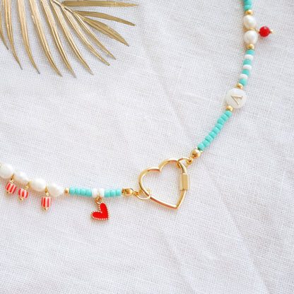 Turquoise initial charm necklace - seed bead choker, pick your charms customized gift for her, red accents freshwater pearl jewelry