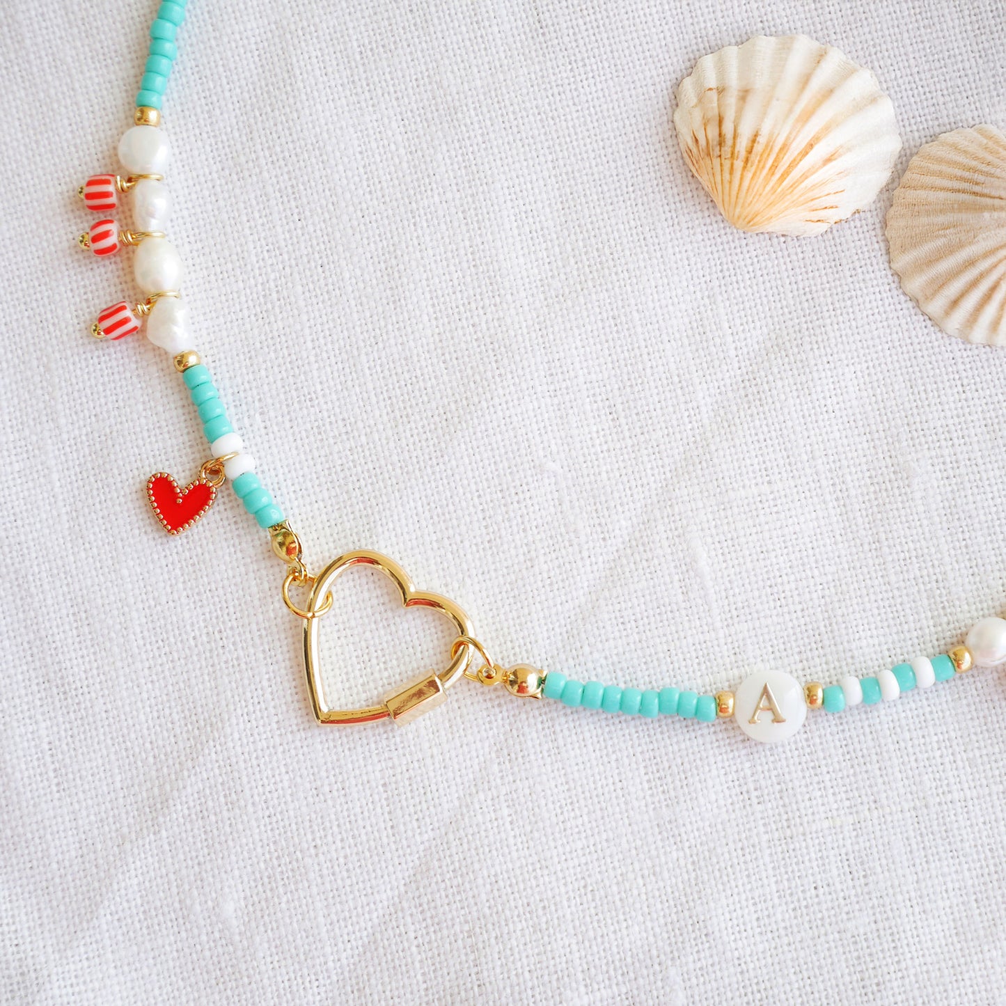 Turquoise initial charm necklace - seed bead choker, pick your charms customized gift for her, red accents freshwater pearl jewelry