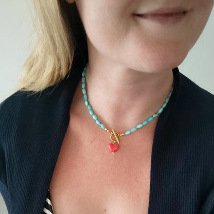 Turquoise shell bead necklace - red porcelain heart charm choker