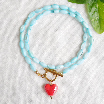 Turquoise shell bead necklace - red porcelain heart charm choker