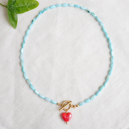 Turquoise shell bead necklace - red porcelain heart charm choker