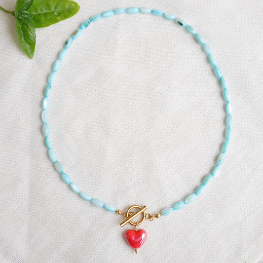 Turquoise shell bead necklace - red porcelain heart charm choker