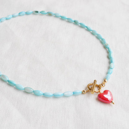 Turquoise shell bead necklace - red porcelain heart charm choker