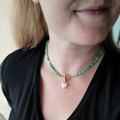 White heart necklace - green beaded shell bead toggle clasp jewelry gift for her